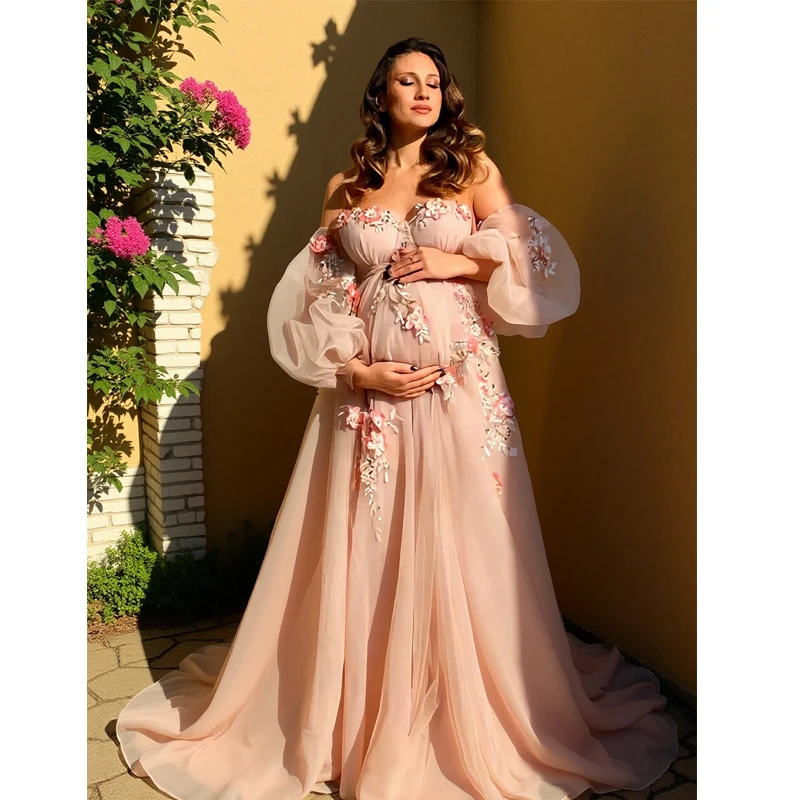 Baby Clothing Embroidery - Hand-Finished Maternity Gown - Off-Shoulder Sheer